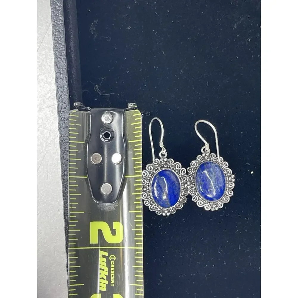 Lapis Lazuli Scroll 925 Silver Stud Earrings & Matching Ring Size 7.25 Blue